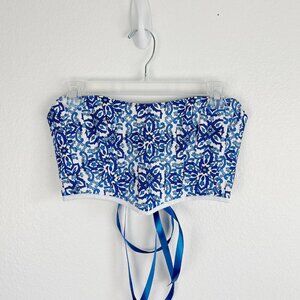 Hand Crafted Blue & White Strapless Corset Top with Tile Print